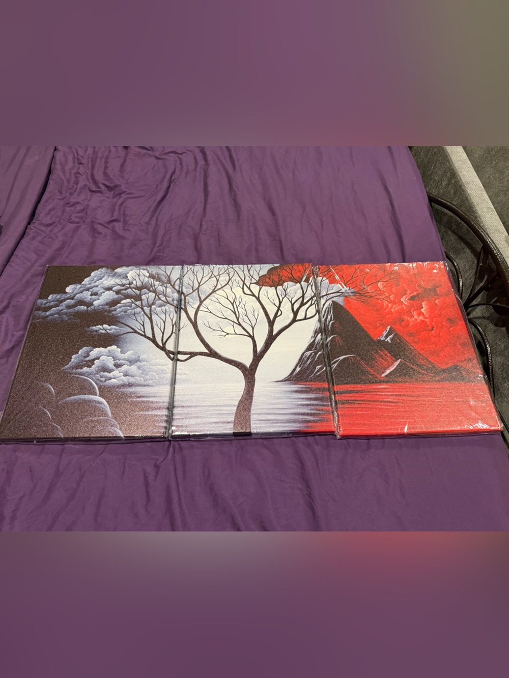 Triptych Tree Landscape Wall Art in Red, Black & White